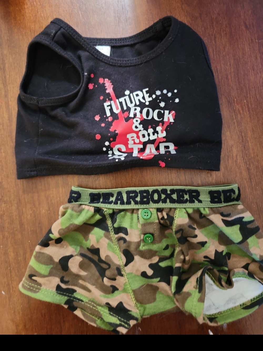 Build-A-Bear workshop outfit joeboxer camo bottoms rock & roll star shirt y2k